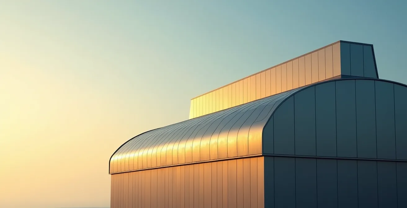 Architecture industrielle moderne avec panneaux solaires intégrés dans un environnement épuré
