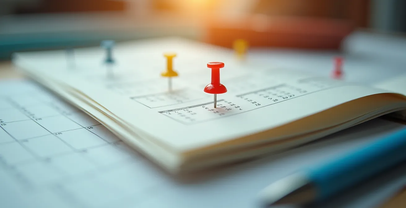 Gros plan sur les pages d'un calendrier professionnel avec des marqueurs colorés indiquant les dates clés de transition énergétique