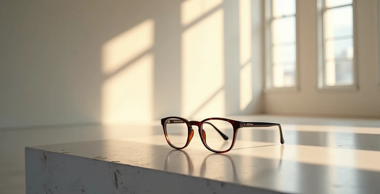 Environnement minimaliste avec lunettes posées sur surface réfléchissante