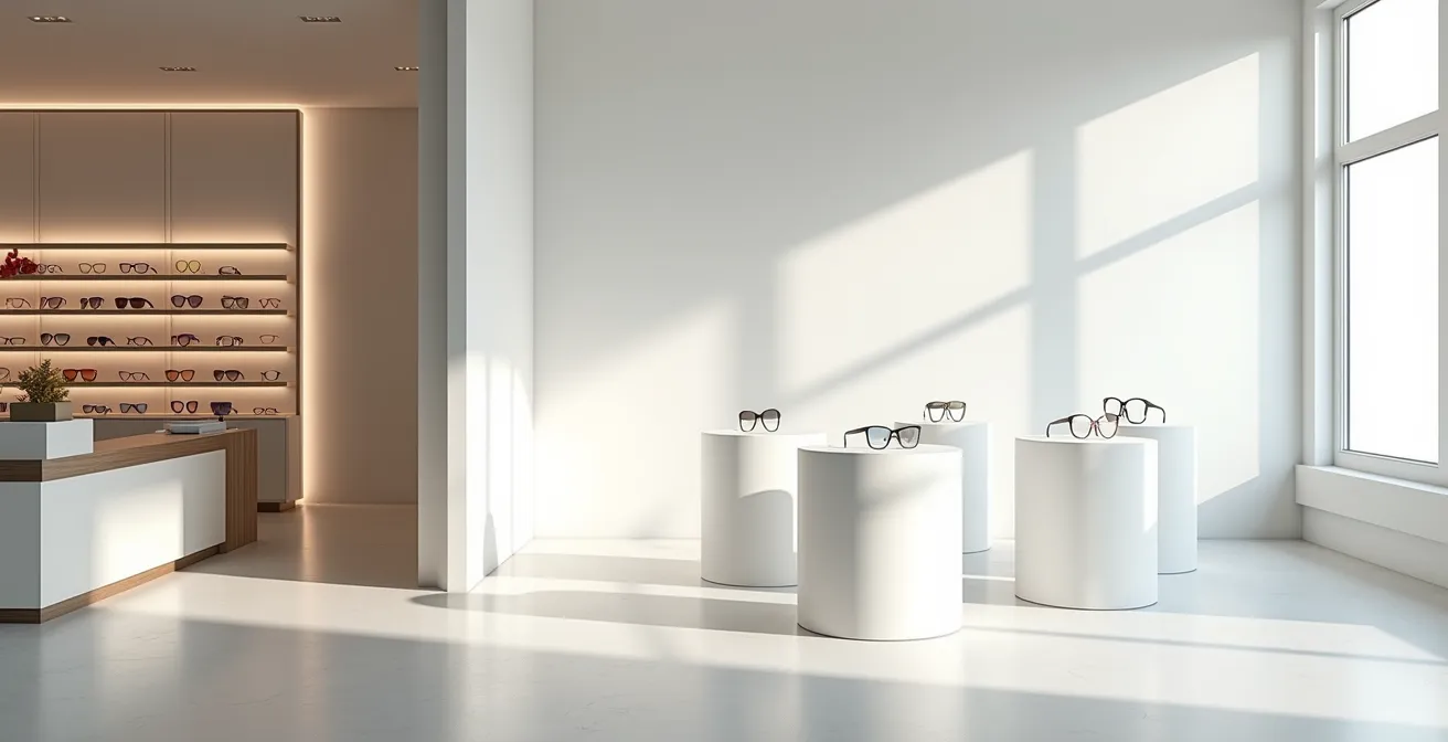 Vue d'ensemble d'un espace moderne mi-boutique mi-digital avec des écrans interactifs