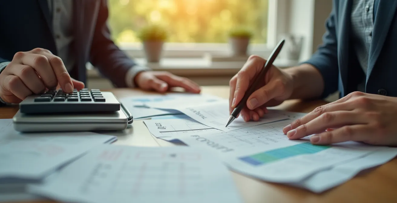 Mains d'un professionnel comparant différentes factures d'énergie étalées sur un bureau en bois avec calculatrice vintage