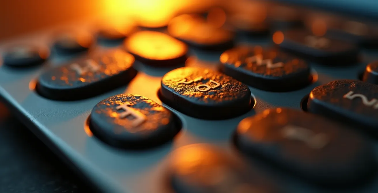 Détail macro d'une calculatrice professionnelle sous éclairage dramatique