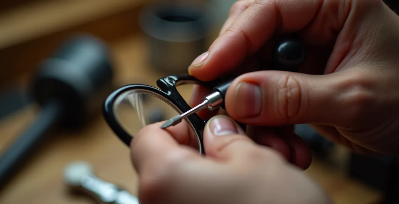 Gros plan sur les mains d'un artisan lunettier travaillant une monture avec précision