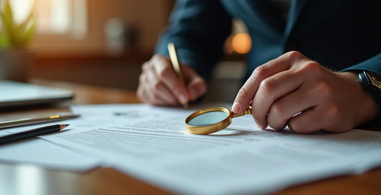 Mains d'expert analysant des documents professionnels avec loupe sur bureau