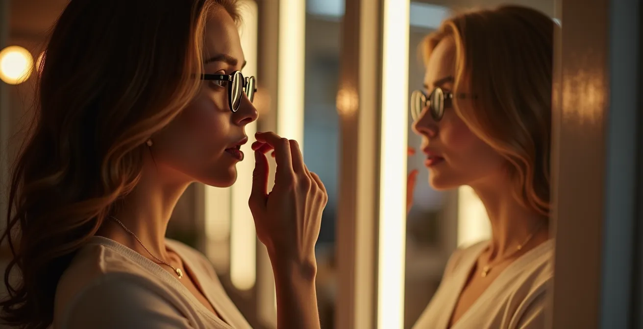 Profil d'une femme se regardant dans un miroir avec des lunettes élégantes