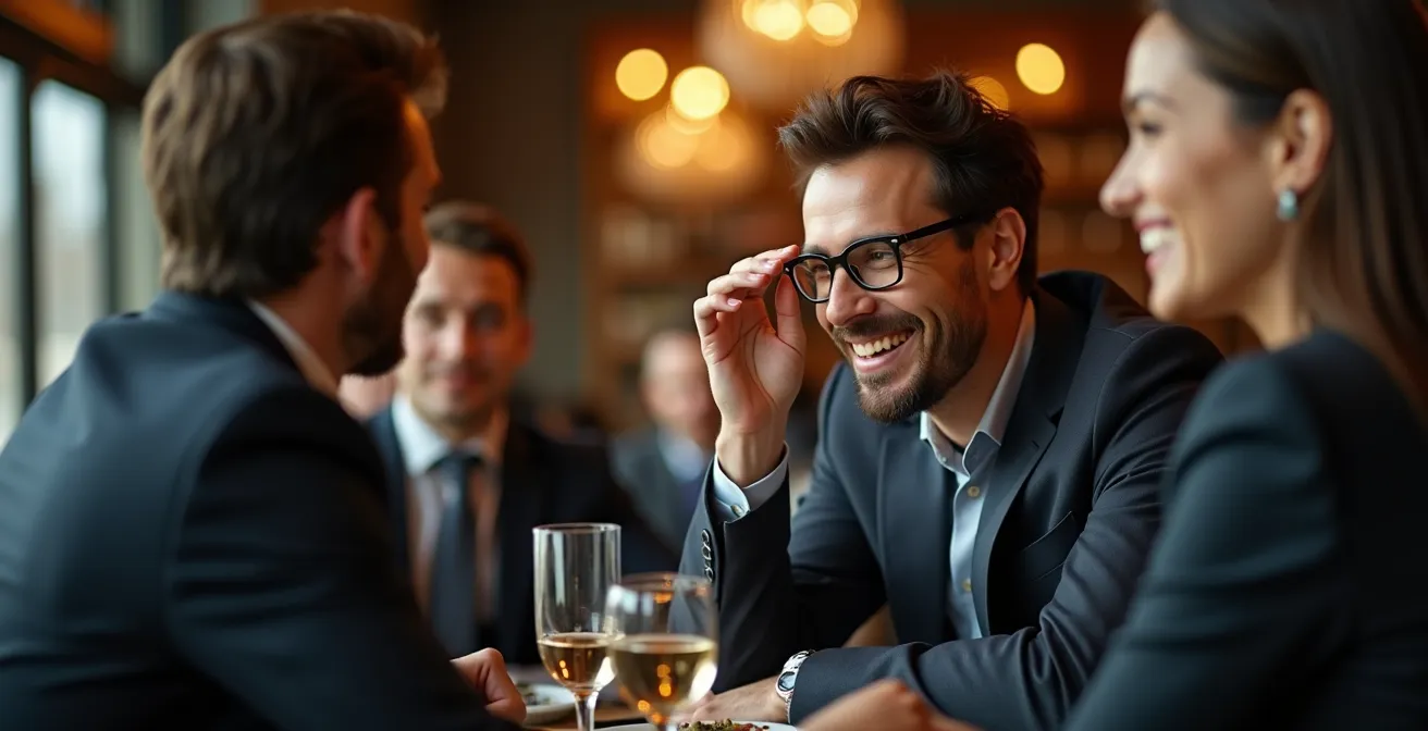 Scène de networking professionnel avec focus sur les détails luxueux