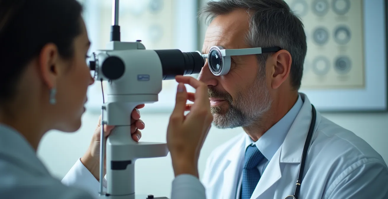 Opticien réalisant un examen de vue avec équipement médical professionnel