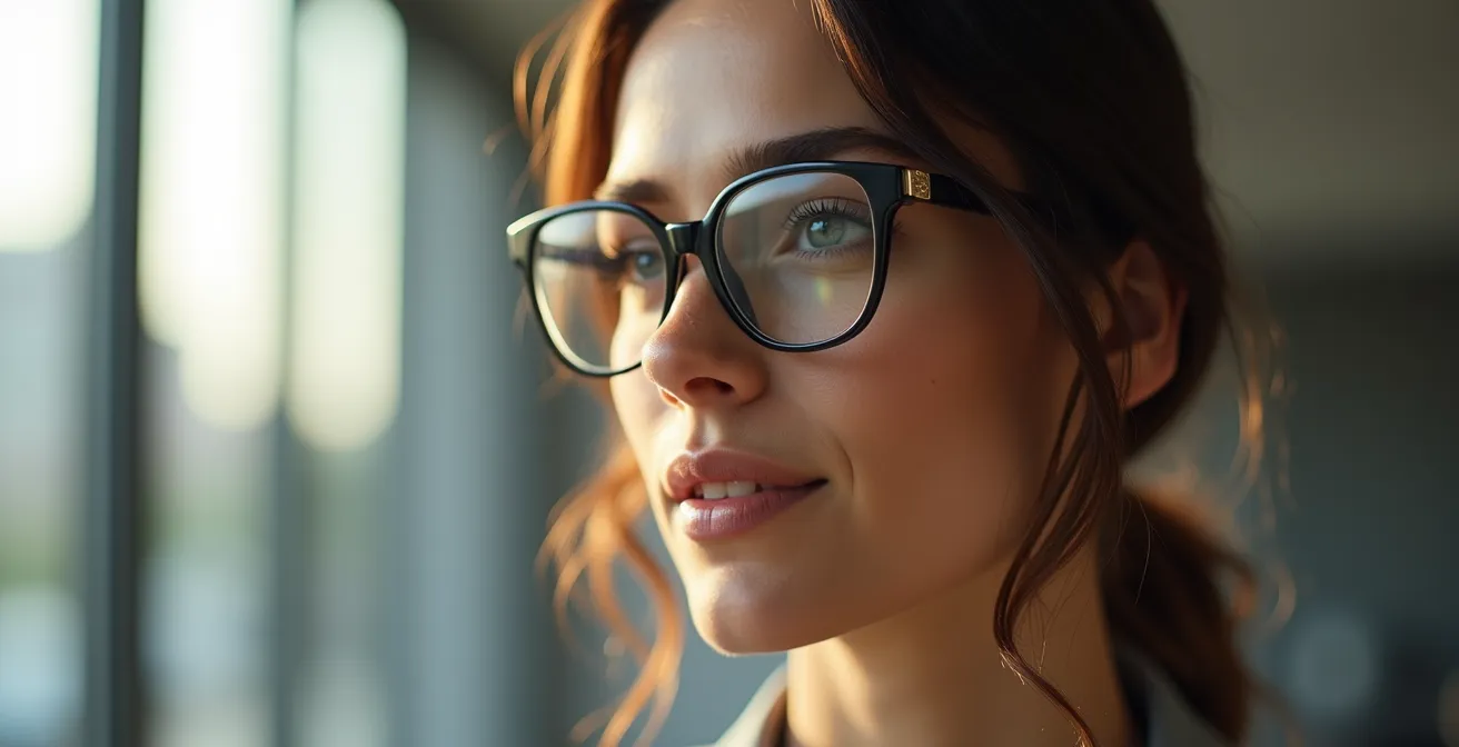 Portrait en plan serré d'une femme d'affaires portant des lunettes haut de gamme