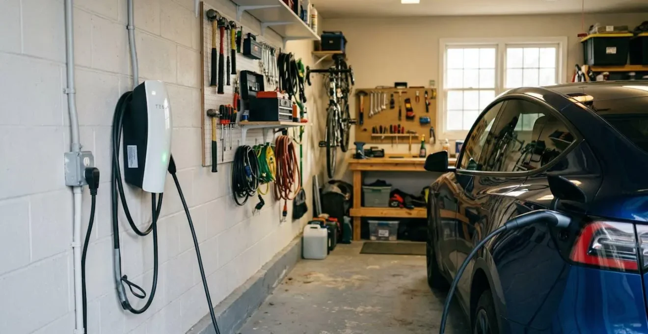 Une borne de recharge murale installée dans un garage propre avec un véhicule électrique partiellement visible