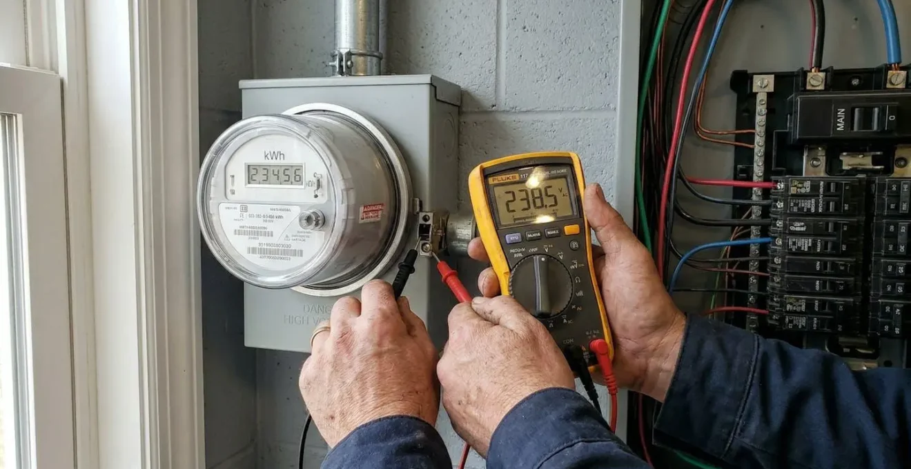 Les mains d'un technicien tiennent un multimètre devant un compteur électrique résidentiel