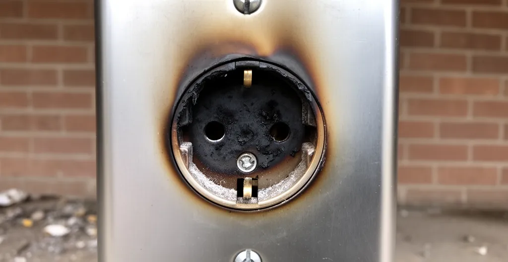 Prise murale endommagée avec traces noires de surchauffe autour des contacts