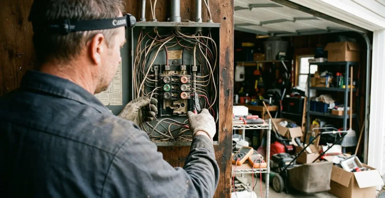 Un électricien examine attentivement un tableau électrique ancien dans un garage résidentiel, des câbles visibles en arrière-plan