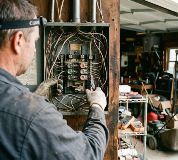 Un électricien examine attentivement un tableau électrique ancien dans un garage résidentiel, des câbles visibles en arrière-plan