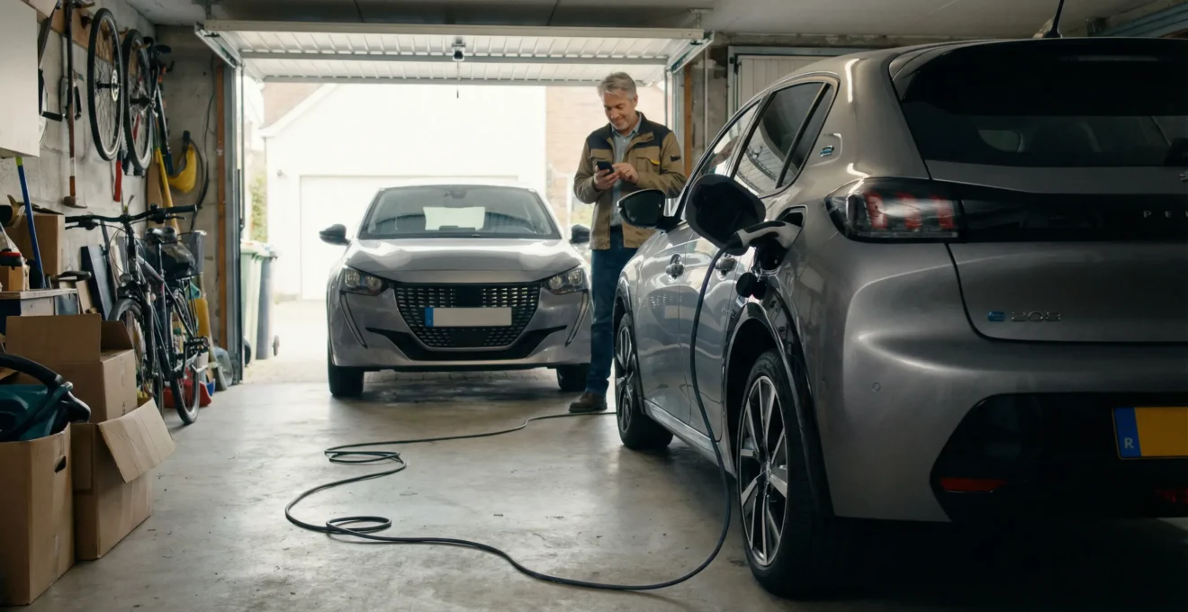 Véhicule électrique en charge dans un garage résidentiel avec câble visible sur le sol