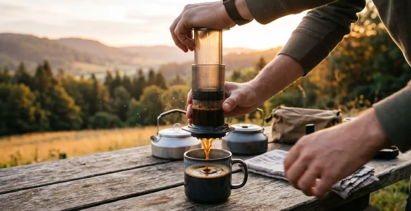 AeroPress en cours d'utilisation avec piston pressé, café s'écoulant dans une tasse, contexte nomade extérieur avec lumière matinale