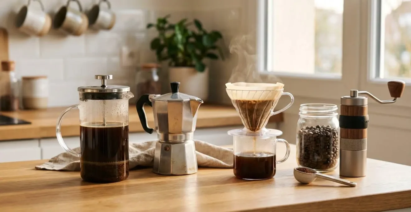 Comptoir de cuisine avec plusieurs méthodes de préparation de café manuel : presse française, cafetière italienne, dripper pour-over, bocal de grains de café et moulin, éclairage naturel matinal
