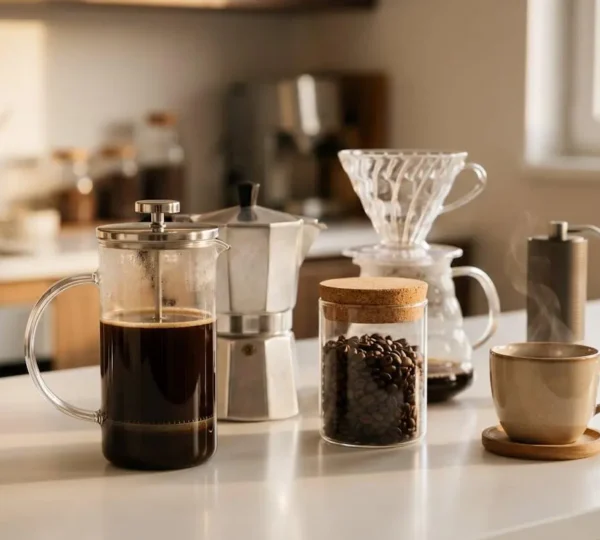 Comptoir de cuisine avec plusieurs méthodes de préparation de café manuel : presse française, cafetière italienne, dripper pour-over, bocal de grains de café et moulin, éclairage naturel matinal