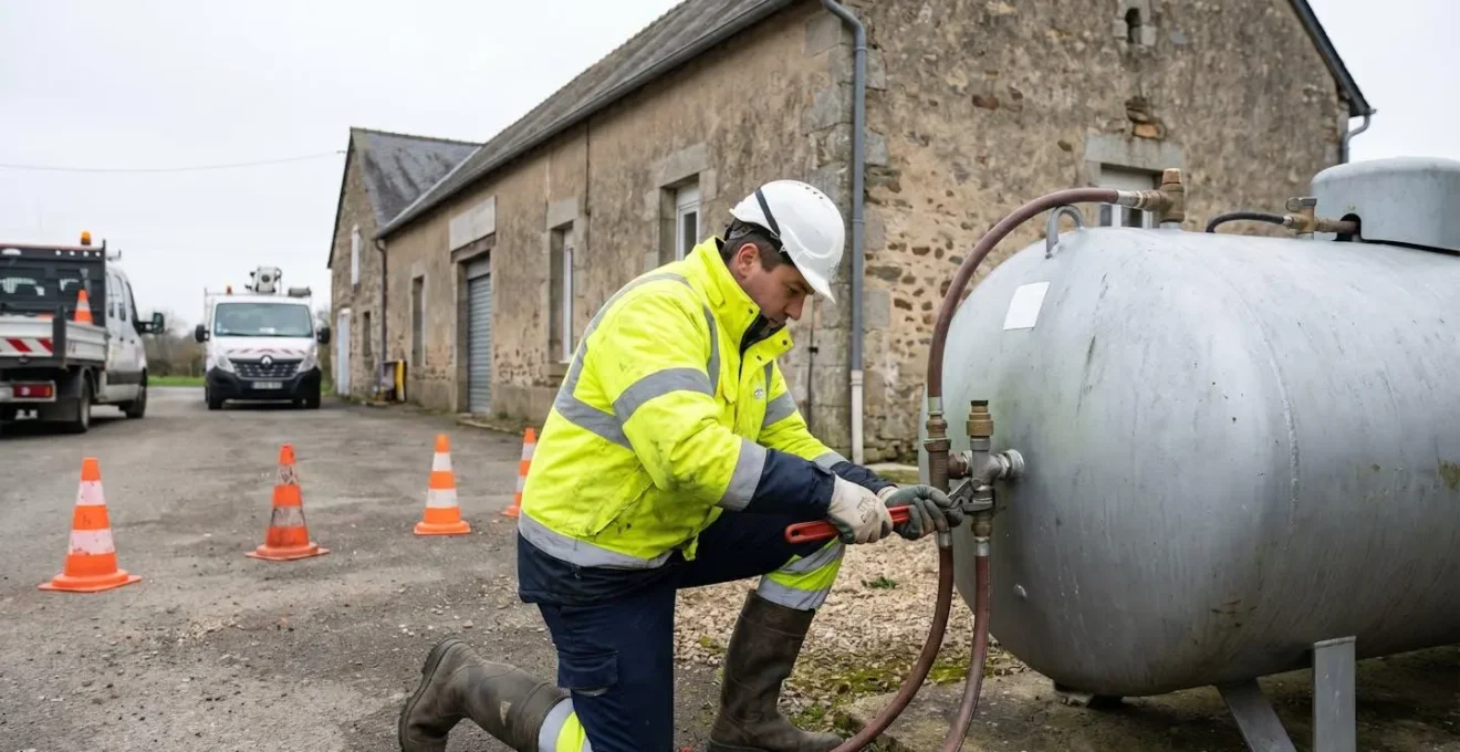 Technicien procédant à l'installation d'une citerne gaz propane sur le site d'un commerce professionnel