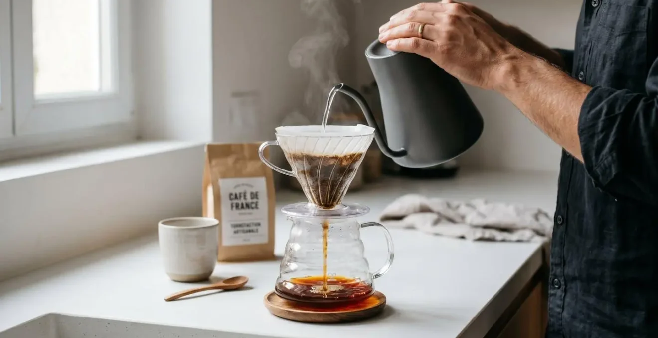 Main versant de l'eau chaude en spirale dans un dripper pour-over transparent, café en cours d'extraction dans une tasse en verre, éclairage naturel contrasté