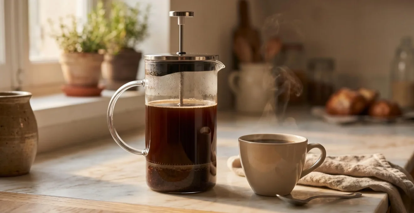 Presse française en verre remplie de café infusé avec marc visible au fond, tasse en céramique à côté, lumière naturelle matinale