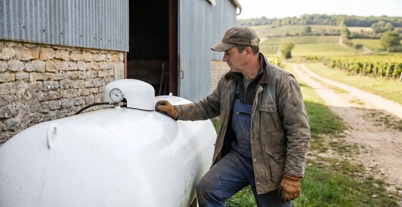 Responsable de PME inspectant une citerne de gaz propane installée à l'extérieur d'un bâtiment industriel