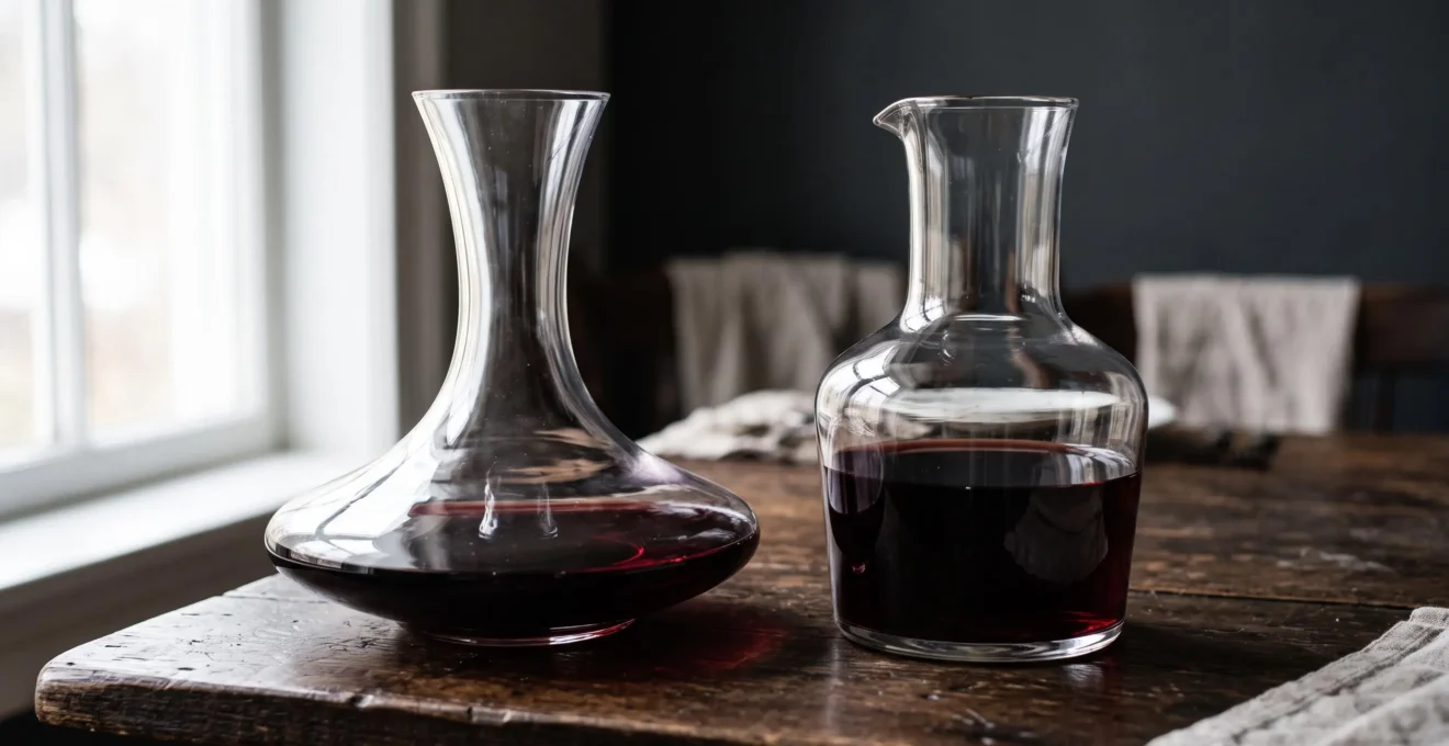 Verre à décanter et carafe côte à côte sur une surface en bois, remplis de vin rouge, montrant leurs formes distinctes