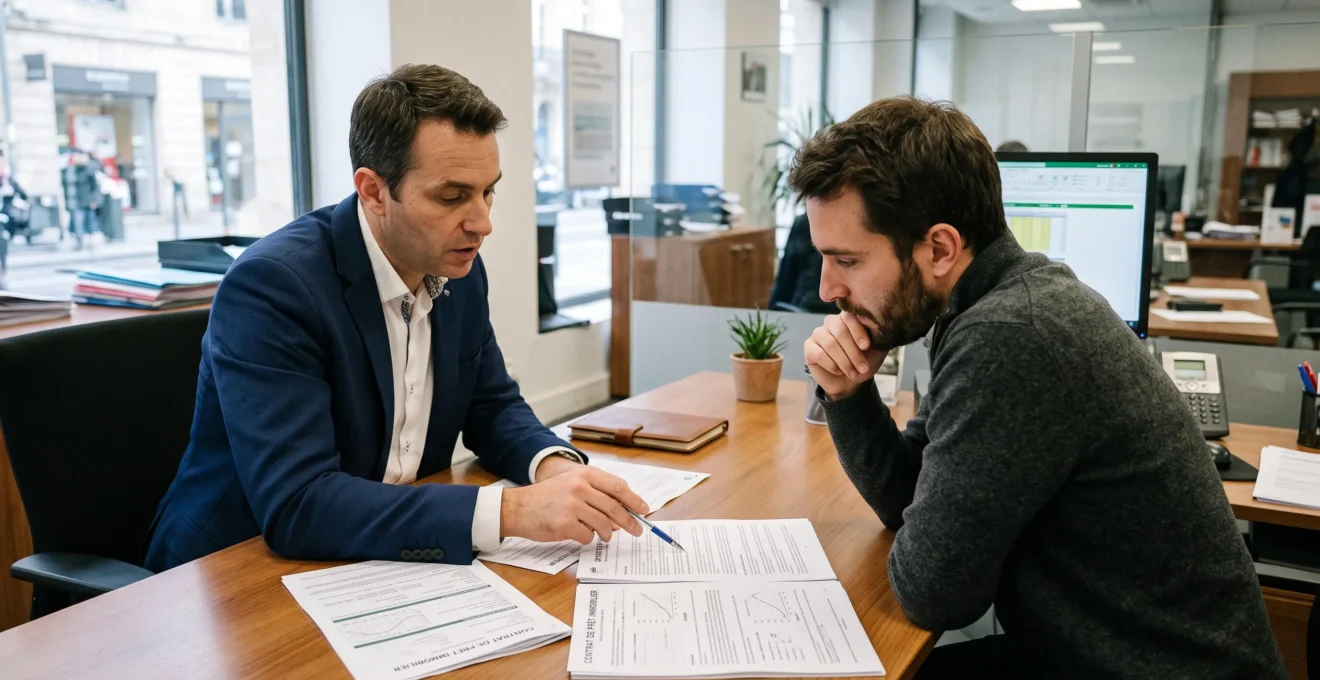 Un conseiller bancaire explique des documents de crédit immobilier à son client lors d'un rendez-vous