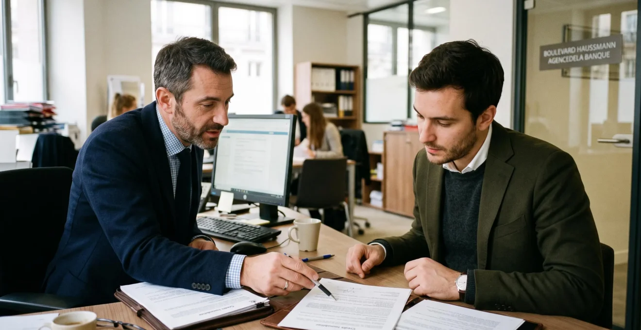 Un couple organise méthodiquement des documents financiers sur la table de leur salon pour préparer leur dossier de crédit immobilier