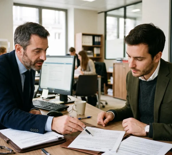 Un couple organise méthodiquement des documents financiers sur la table de leur salon pour préparer leur dossier de crédit immobilier