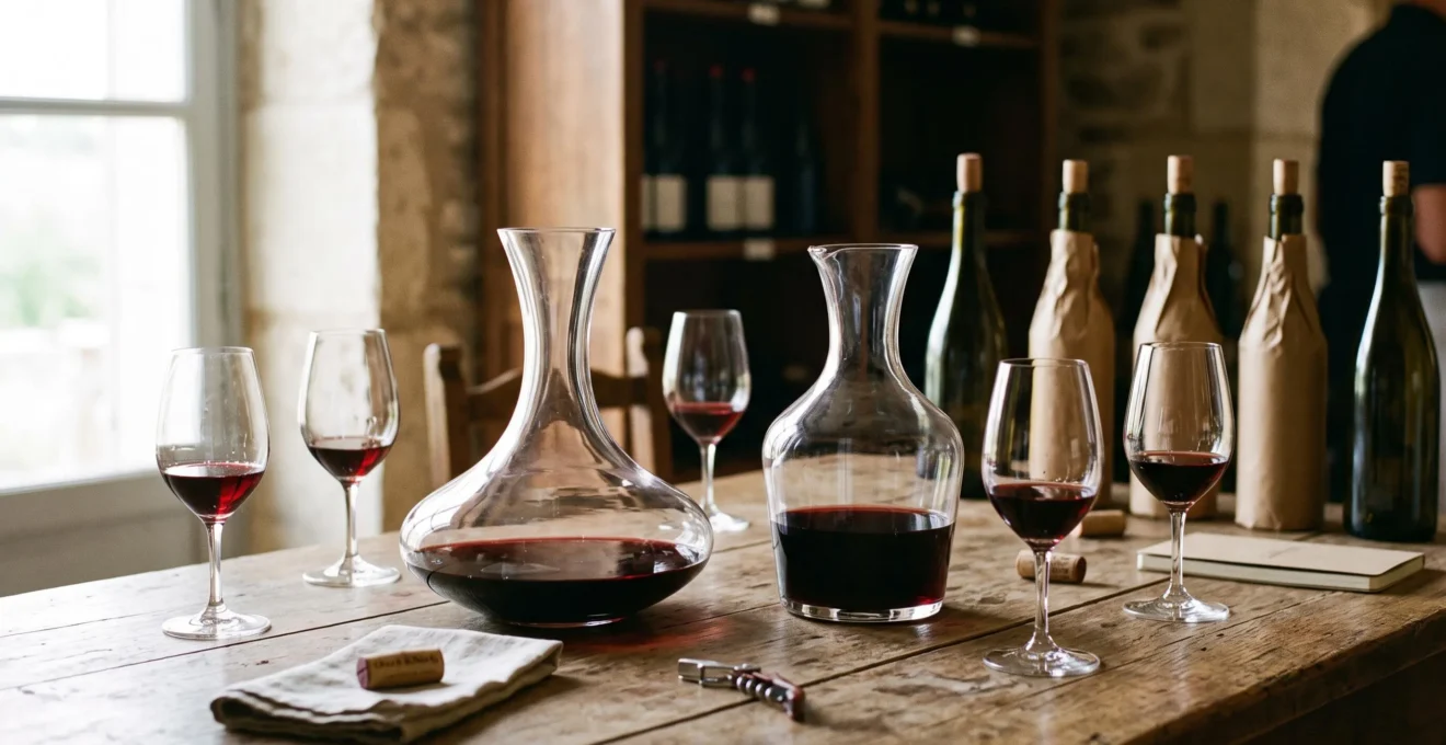 Table de dégustation avec un verre à décanter et une carafe contenant du vin rouge, accompagnés de verres de dégustation sur une table en bois