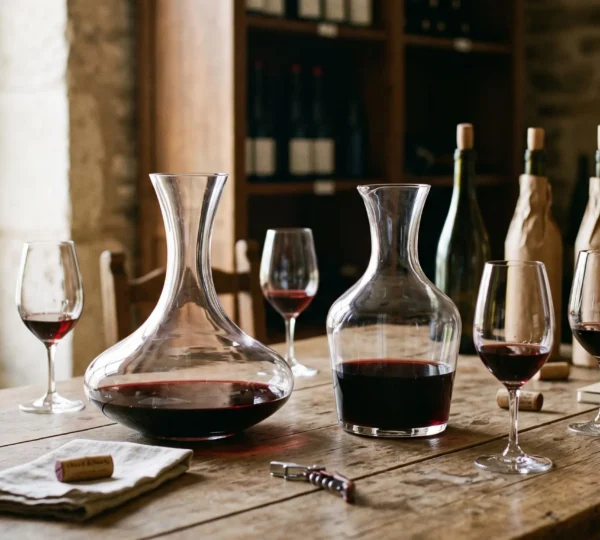 Table de dégustation avec un verre à décanter et une carafe contenant du vin rouge, accompagnés de verres de dégustation sur une table en bois