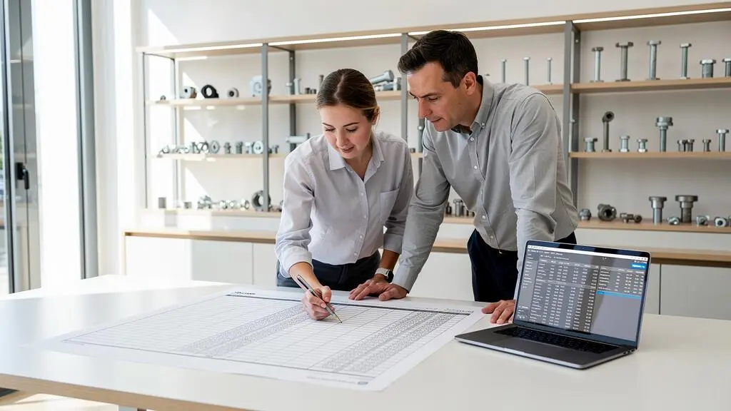 Deux collaborateurs examinent une grille de comparaison de fonctionnalités PIM posée sur un bureau lumineux.