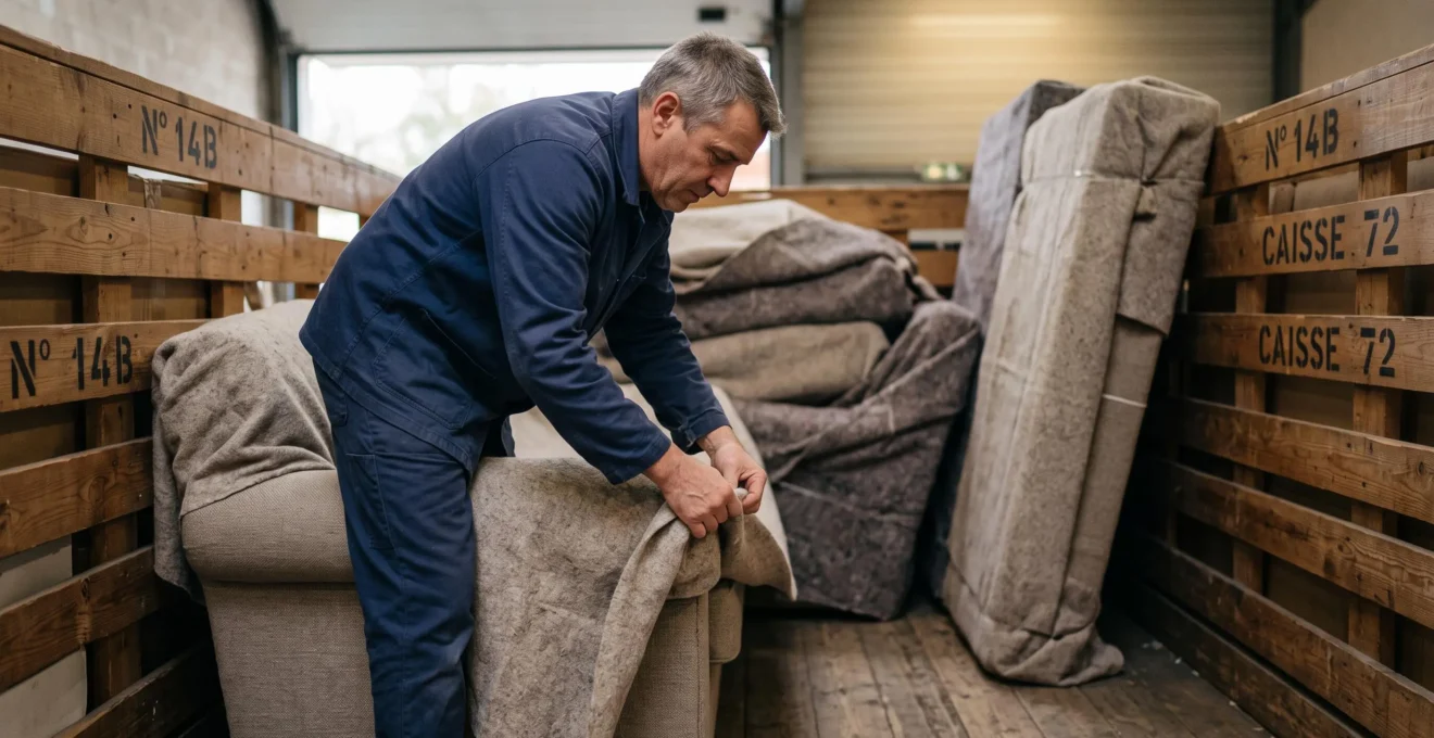 Un employé de garde-meuble protège un canapé avec une couverture dans un conteneur en bois de stockage.