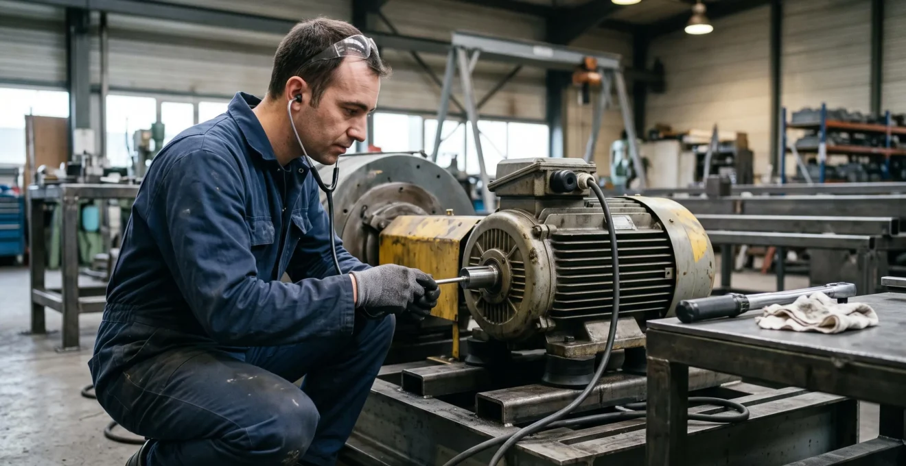 Un technicien de maintenance écoute le bruit d'un roulement de moteur électrique à l'aide d'une sonde acoustique dans un atelier industriel.
