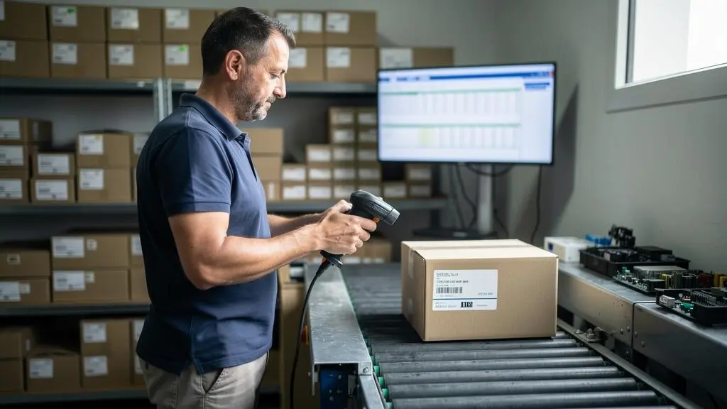 Un technicien scanne l'étiquette d'un carton de produits techniques sur un poste de préparation en entrepôt.