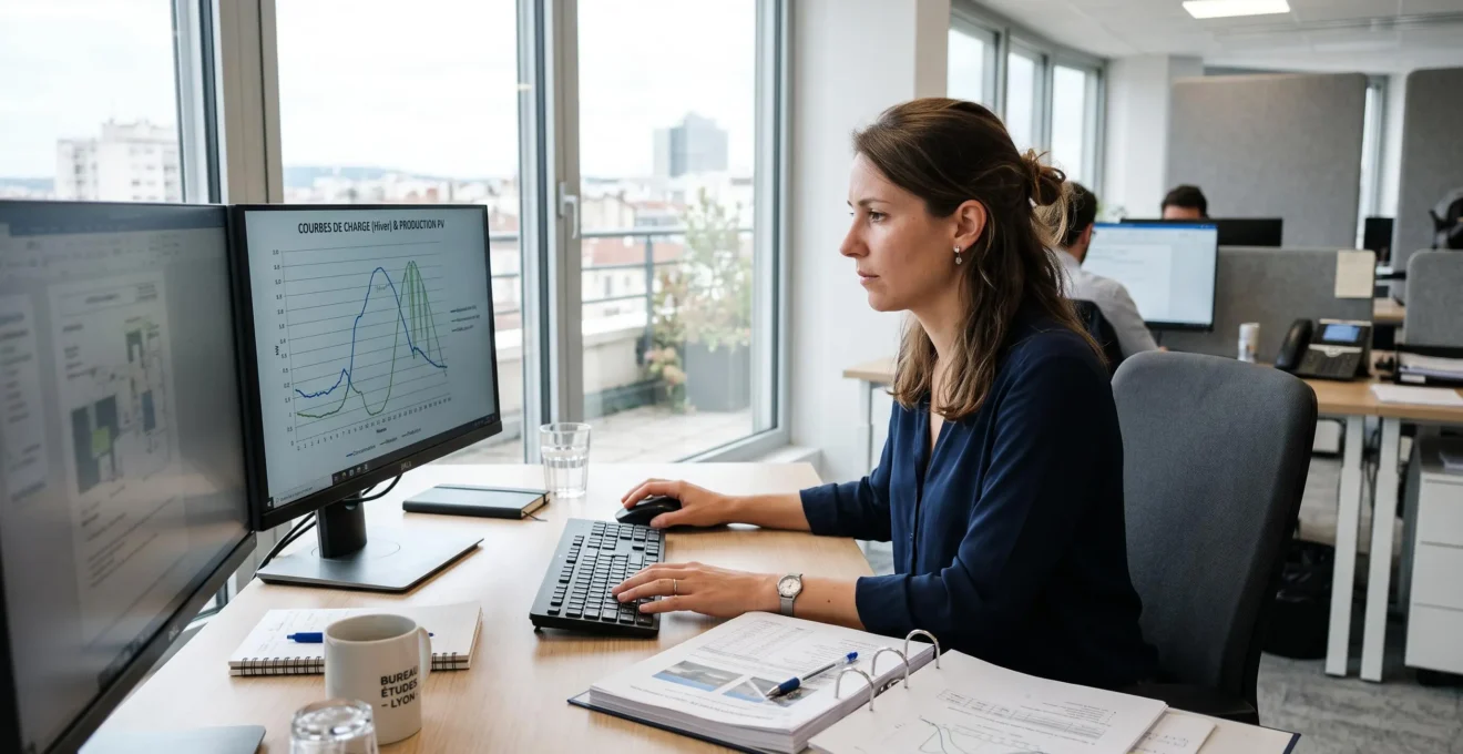 Une ingénieure analyse des courbes de charge d'une installation sur un écran d'ordinateur.