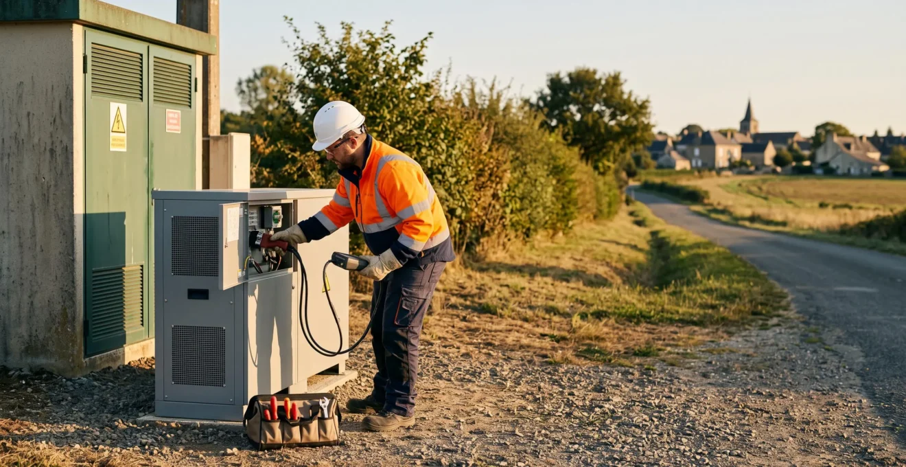 Un technicien contrôle une batterie de stockage raccordée à un poste électrique en extérieur.