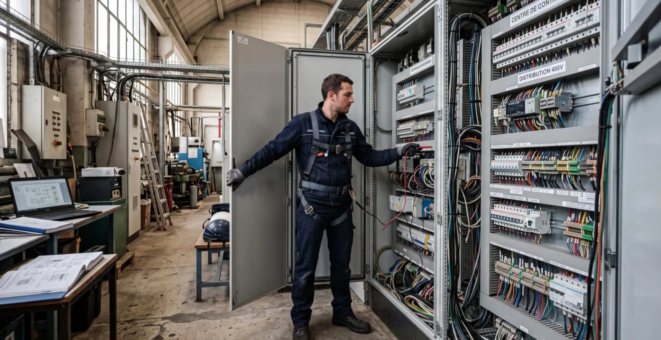 Un technicien vérifie un tableau de contrôle électrique dans une salle technique industrielle.